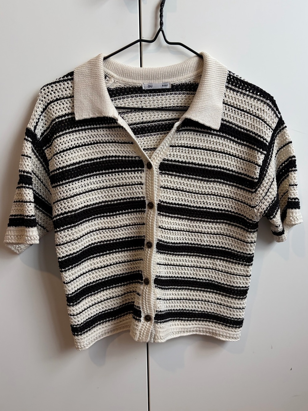 Uniqlo Black & Cream Striped Crochet Polo Cardigan